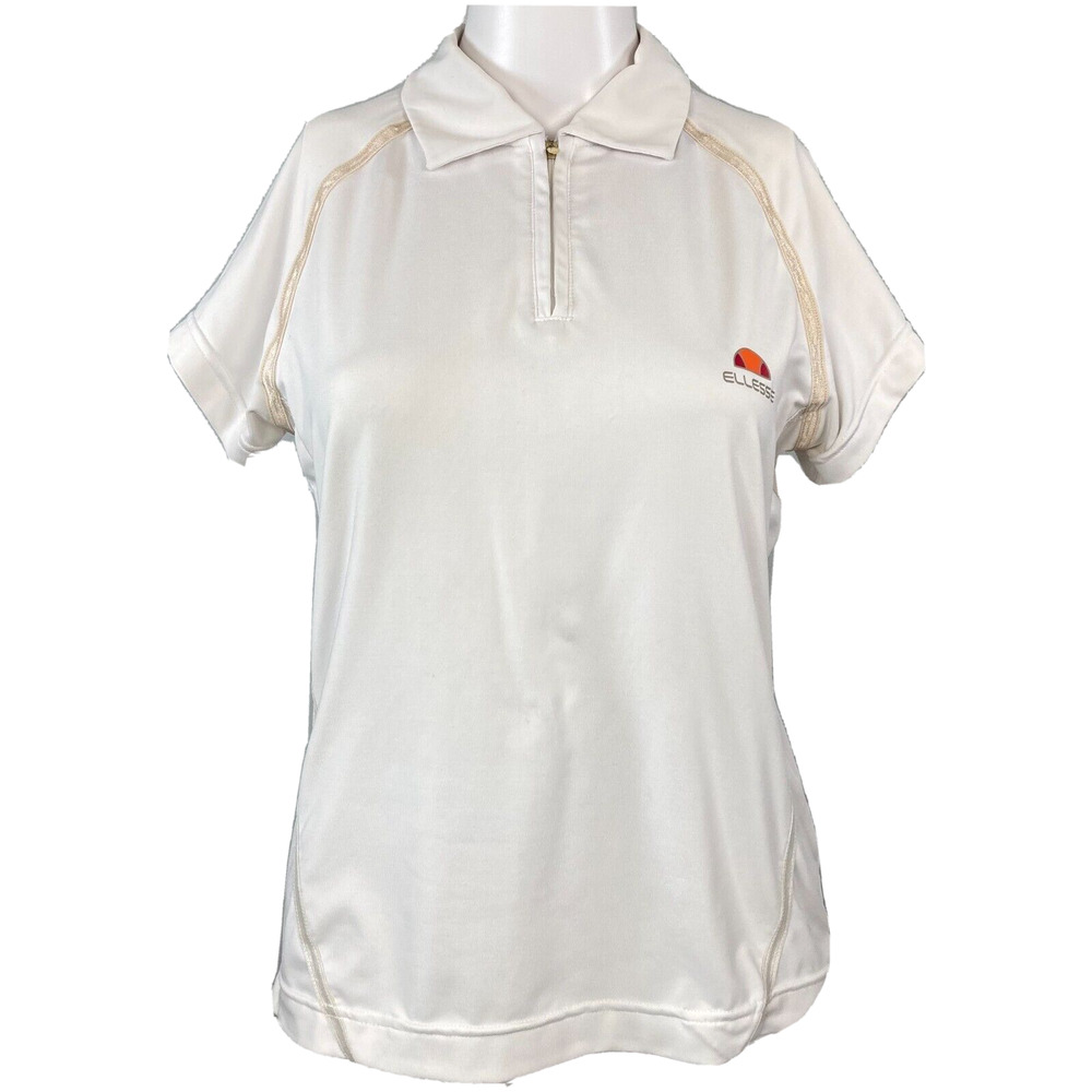 Ellesse Polo Shirt Womens Sz 8 White Logo Short Sleeve 1/4‎ Zip Tennis Stretch